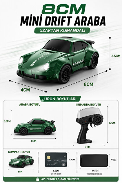 oyuncakgidiyor 8CM 1:64 Ölçek Uzaktan Kumandalı Drift Araba LED