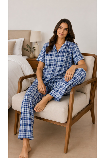 Women's Pink Burgundy Gray Heart Patterned Plaid Ribbon Option Short Sleeve Pajama Set Comfortable Stylish Elegant Anti-Sweat Anti-Show Soft Textured Home Wear Set Gift Holiday Outfit Top and Bottom Set Homewear