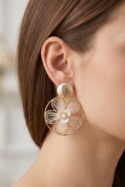 Flower Embroidered Hanging Earrings 5 Cm.