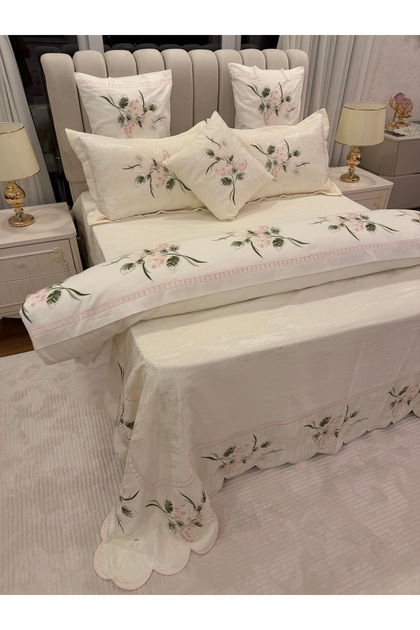 % 100 Pamuk saten 10 Parça Ortaca Yatak Örtüsü ve Nevresim Seti ÇİFT KİŞİLİK / Zarif Çeyiz Takımı. 270x270 king size