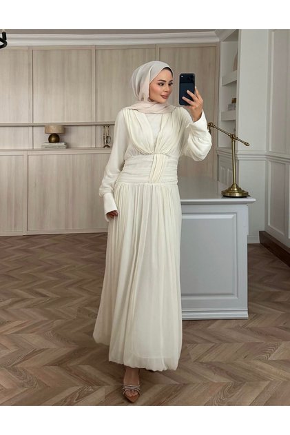 Draped Chiffon Evening Dress - Elegant Design with Stone Belt Detail