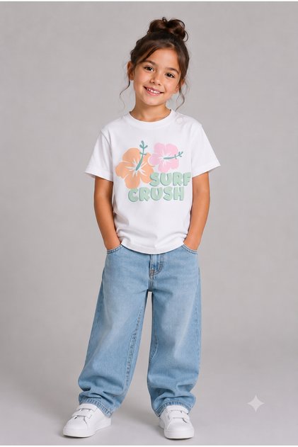 Girl's Tropical Floral Patterned Surf Crush Written Short Sleeve Cotton White T-Shirt