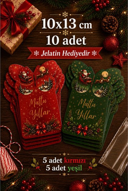 Gifty | Yılbaşı Kırmızı Yeşil Kelebek Kart - Paketleme Kartı - Hediye Kartı - Aksesaur Kartı