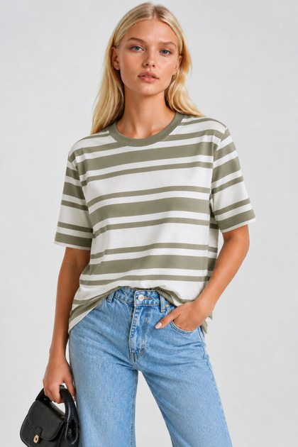 Women's Green Striped Crew Neck Short Sleeve 100% Cotton Regular Fit T-Shirt