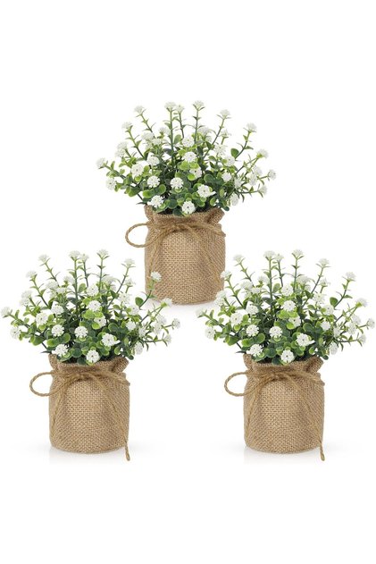3-Piece Artificial Mini Potted Baby’s Breath Flowers,Faux Greenery with Burlap Pot,Small Fake Desk Decor for Home,Office,Shelf,Table Centerpiece,Rustic Farmhouse Wedding