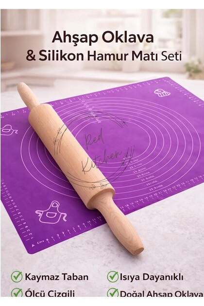 Silicone Dough Rolling Mat with Scale and Wooden Roller Dough Roller Rolling Pin