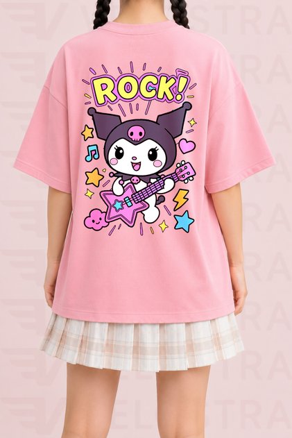 Women's Kawaii Rock Printed Oversize Crew Neck Cotton Casual Combed Cotton T-Shirt