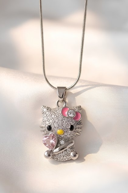 Hello Kitty Parıltılı Zirkon Taş Detaylı Çelik Kolye