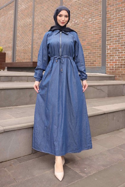 Dark Blue Elastic Sleeve Half-Zipper Denim Dress