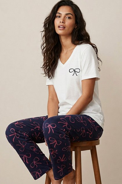 Ecru Navy Blue Patterned Viscose Knitted Pajama Set26119112