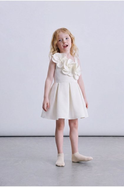 Girl's White Dress with Floral Appliques