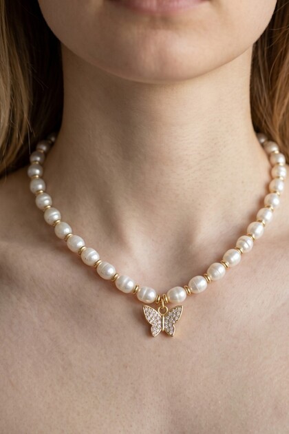 Pearl Necklace Butterfly Object Handcrafted Gold Color