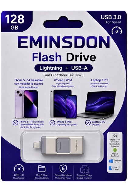 128Gb Flash Memory Lightning USB Otg Compatible with iPhone 5-14 Models and Ios Compatible Computers