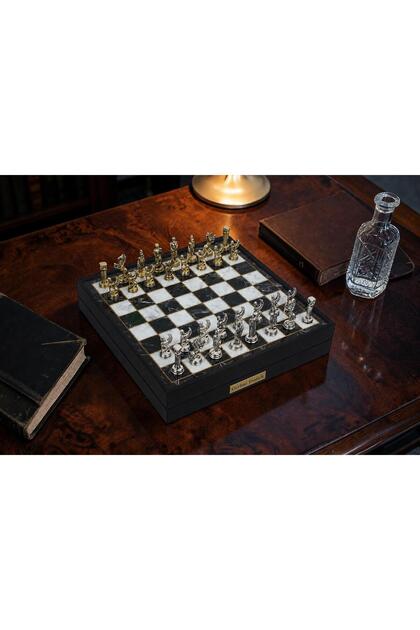Kişiye Özel Pegasus Figürlü Lüks Metal Satranç Takımı Mermer Desenli Sandıklı 20 cm. Premium Set