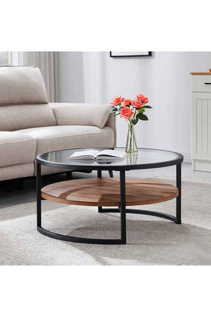 Modern Center Coffee Table, 2-Tier Sofa Side Table, Round Glass Top and Wooden Bottom Shelf.