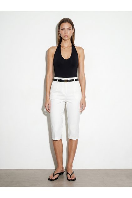 72718 Belted Slit Detailed Capri-White