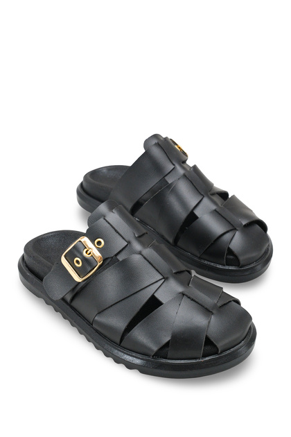 Black Leather Women's Slippers with Orthopedic Sole and Gold Buckle