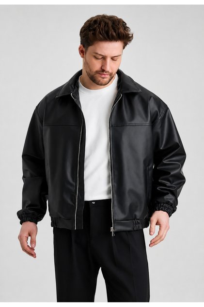 Yeni Sezon Oversize Erkek Siyah Deri Ceket