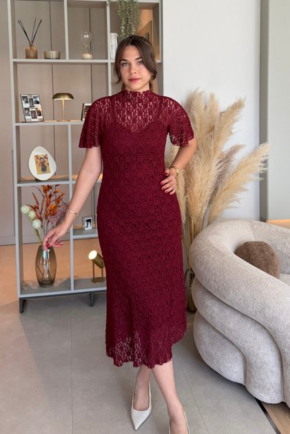 Elegant Midi Burgundy Lace Dress with High Collar Lining