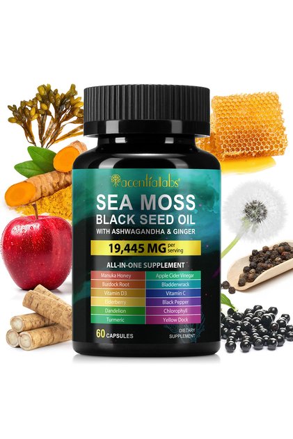 Sea Moss + Ulei de Negrilică acentiallabs® – 60 Capsule | 19.445mg per Porție | cu Ashwagandha, Ghimbir, Turmeric & 12+ Ingrediente | Imunitate, Energie, Digestie, Piele & Păr