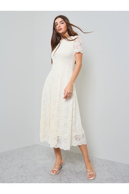 Cream Lace A-Line Midi Dress with Embellishment