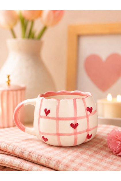 Pembe Çizgi Kalp Desenli AĞIZ DALGA DETAYLI Özel Kabartmalı Tamamıyla El Yapımı Seramik Kupa
