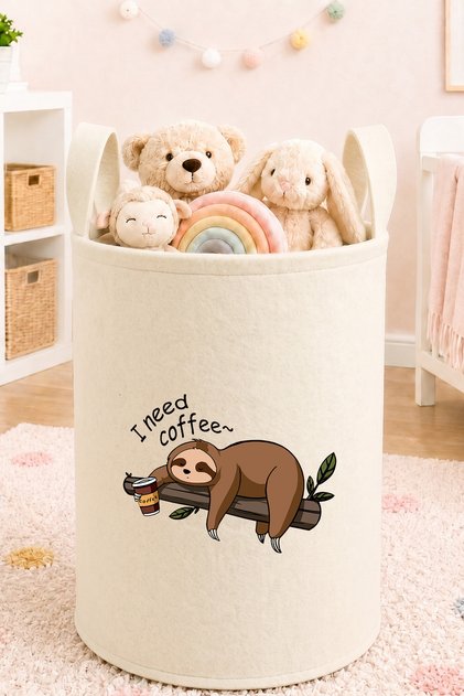 Sloth Animal Printed Toy Basket 50X40 cm Baby and Children's Room Cream Felt Organizer Basket
