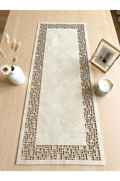 Beige (Dark Cream) Suede Fabric Runner 40X100 cm Coffee Table Size - Geometric Quadrilateral Pattern