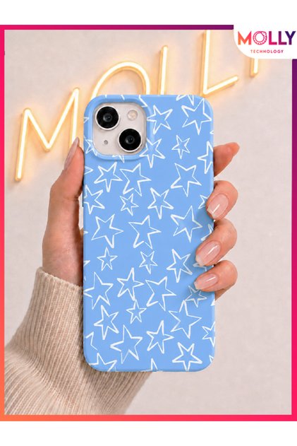 Baby Blue Star Sketch Patterned Velvet Inside Silicone Case for iPhone 13 / 14
