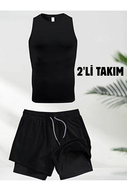 2'Lİ KISA TAYTLI ŞORT & SIFIR KOL COMPRESSİON BODY SET- FUTBOL-GYM-KOŞU EGZERSİZ SET 2'Lİ KISA