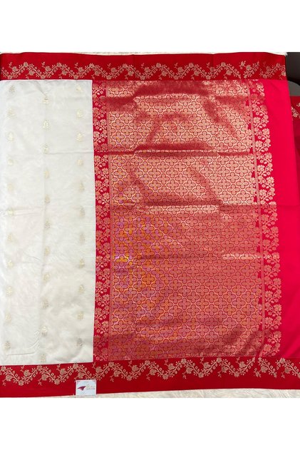 Women Semi Silk Traditional Bengali Lal Par Kanjivaram Saree with Blouse Piece White and Red