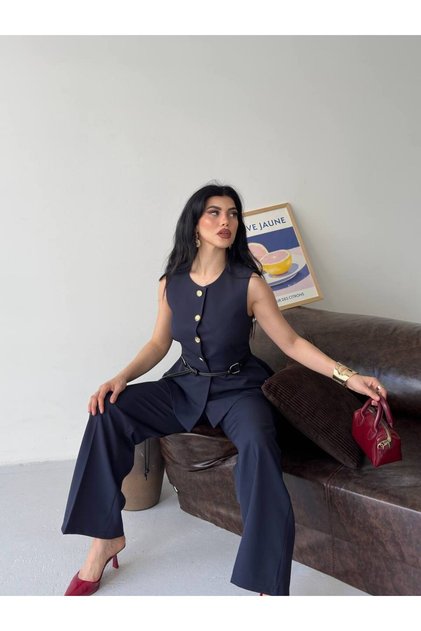 Women's Buttoned Belted Vest and Palazzo Pants Two-Piece Set