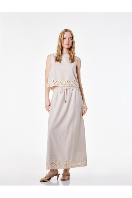 Linen Blend High Waist Long Skirt with Lace Crochet Detail