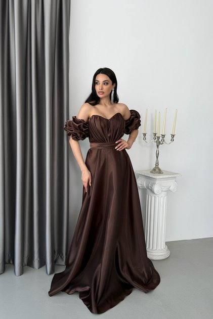 Brown Strapless Sweetheart Neckline Balloon Sleeves Organza Evening Dress