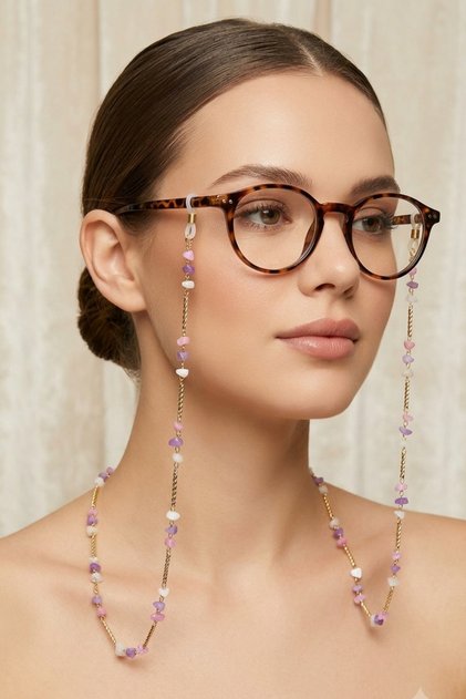 Elegant Pink Lila Chakil Crystal Brass Eyeglass Chain