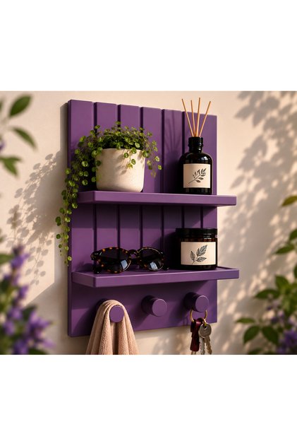Dekoratif Duvar Rafı ve Anahtarlık Askılığı – Modern Giriş Organizeri – Çok Amaçlı Duvar Rafı – 24 × 22 × 9 cm