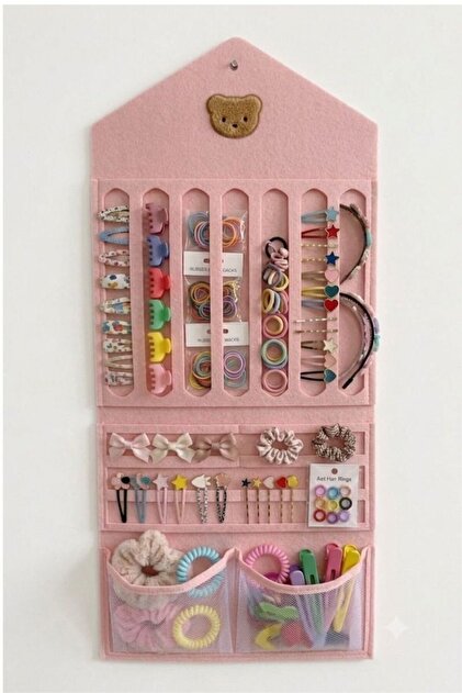 Kız Çocuk Saç Aksesuarı Düzenleyici Çanta Duvara Monte Toka Taç Lastik Bandana Organizer Pembe