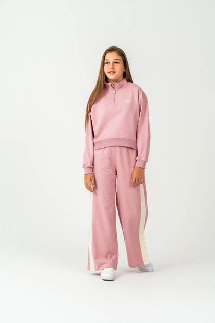 Top Front Half Zippered Streetwise Style Boston Printed Side Embellished Girls' Tracksuit Set