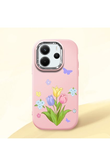 Redmi Note 14 4g Compatible Case Camera Protector Pink Silicone Couple Phone Case with Floral Pattern
