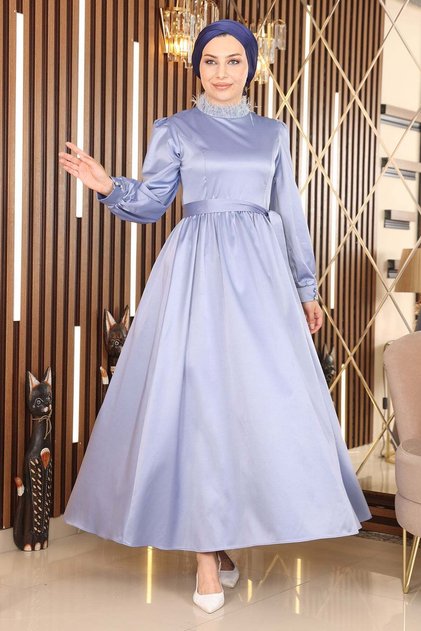 Rochie de seara din satin cu pene albastra 19123