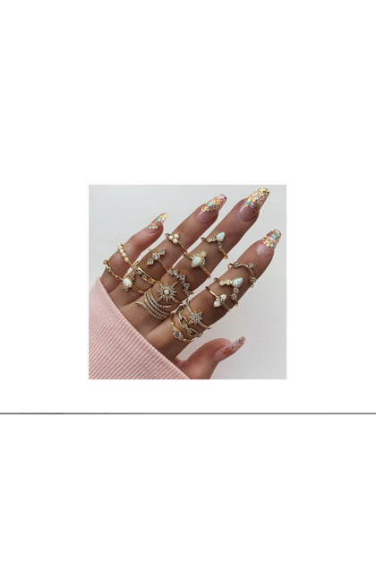 17-piece ring set, add vintage design, stoneless adjustable gold-tone metal alloy jewelry set, 17 pieces, stylish design