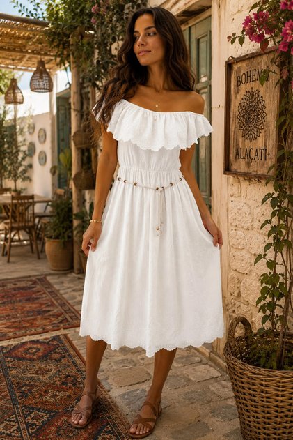 Women's White Imported Scallop Embroidered Madonna Collar Midi Dress with Belt Summer Dress