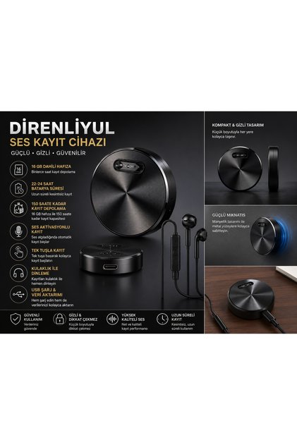 Mıknatıslı Mini Ses Kayıt Cihazı 16 GB Dahili Hafıza ve USB Şarj Özellikli