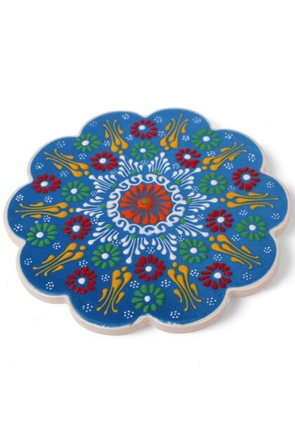 Blue Embossed Tile Patterned Ceramic Trivet Heat Resistant Pot Pan and Teapot Mat Non-Slip Cork Base 17 cm
