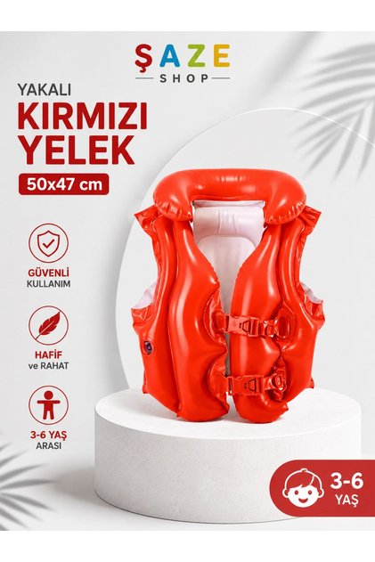 Collared Inflatable Children's Swimming Vest 50X47 cm Red |   Adjustable Buckle Pool and Sea Swimming Aid |   3-6 Years Old
