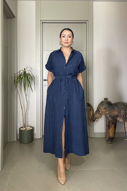 Beli Belted Soft Textured Pocketed Tiril Shirt Dress