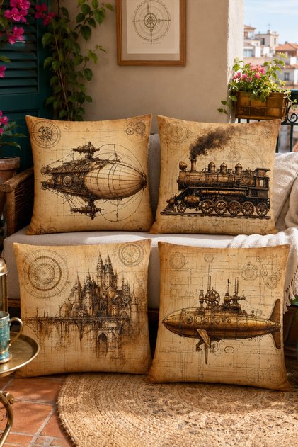 Old World Machinery Patterned 4-Piece Throw Pillow Cover Set