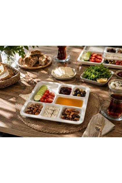 2 ADET 7 Bölmeli Kare Porselen Kahvaltı Tabağı ve Sosluk - Isıya ve Çizilmeye Dayanıklı Lüks Servis Tabağı