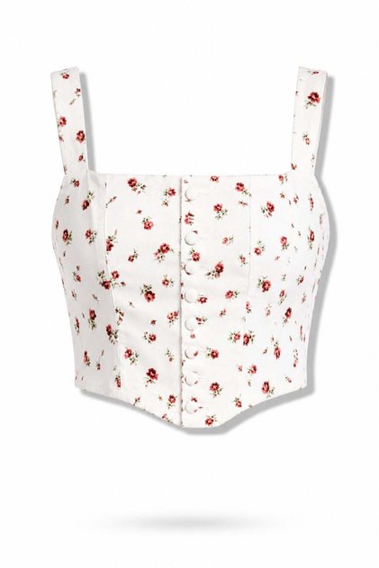 White Floral Patterned Corset Crop Blouse - 7012