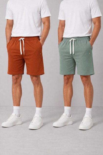 Men's 2-Piece Basic Shorts Set Taba Soft Green Pocketed Combed Cotton Shorts
